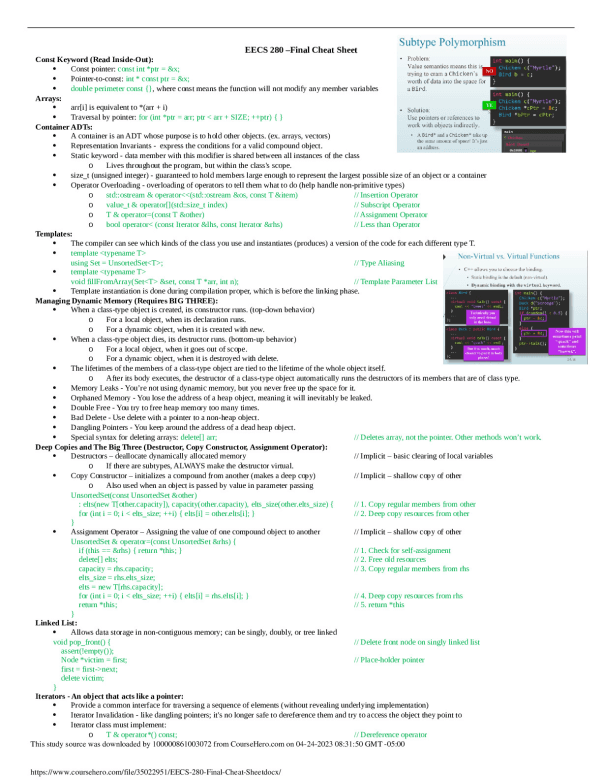 EECS 280 -Final Cheat Sheet. University of Michigan EECS 281