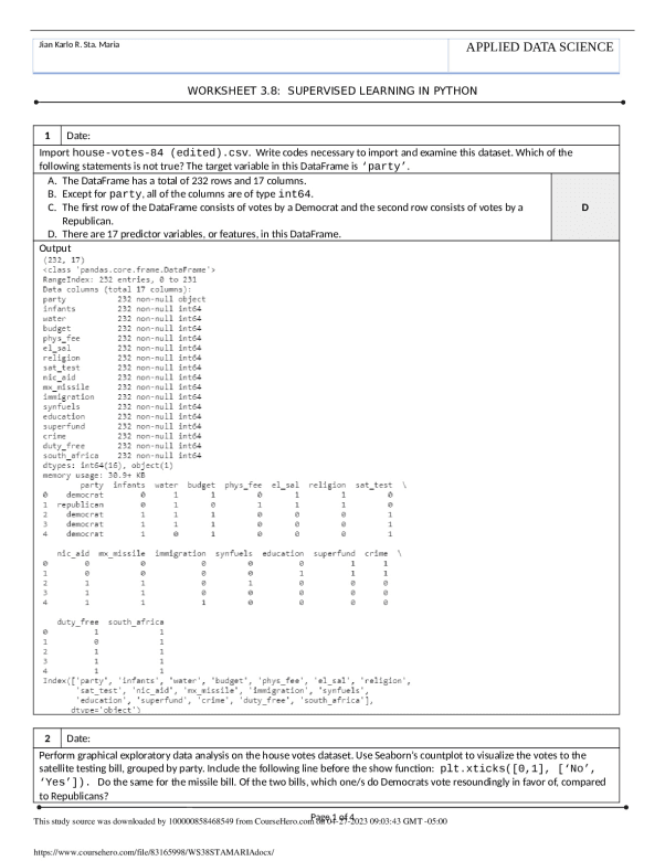 APPLIED DATA SCIENCE WORKSHEET 3.8:SUPERVISED LEARNING IN PYTHOn