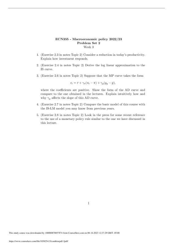 ECN355 - Macroeconomic policy 2022/23 Problem Set 2 Week 3 preview image