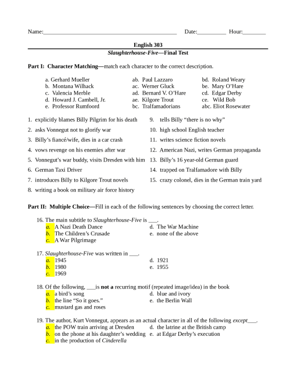KurtVonnegutsSlaughterhouseFiveFinalTestQuizzesWkshts.doc