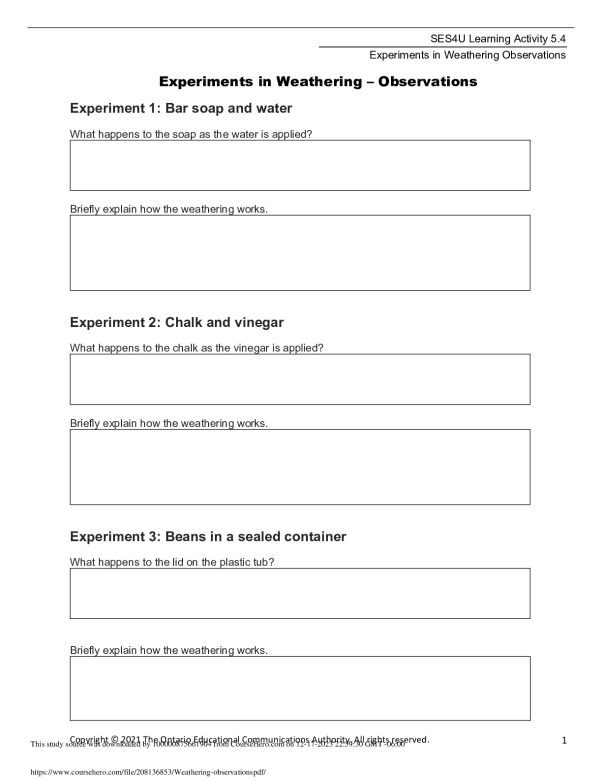 Ses4u Math SES4U Learning Activity 5.4 Experiments in Weathering Observations