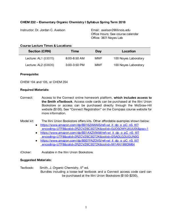 CHEM 232 – Elementary Organic Chemistry I Syllabus Spring Term2018 preview image