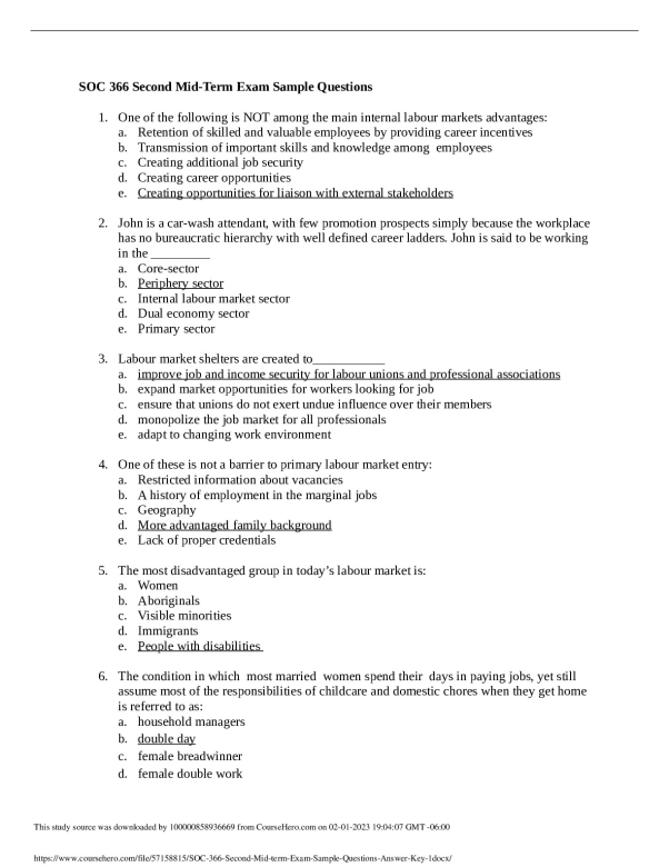 SOC 366 Second Mid-term Exam Sample Questions Answer Ke  University of Alberta SOC 366 document preview