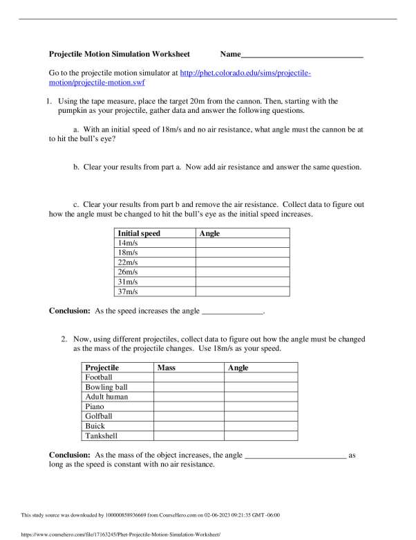 Phet projectile motion simulation worksheet apopka high english ap
