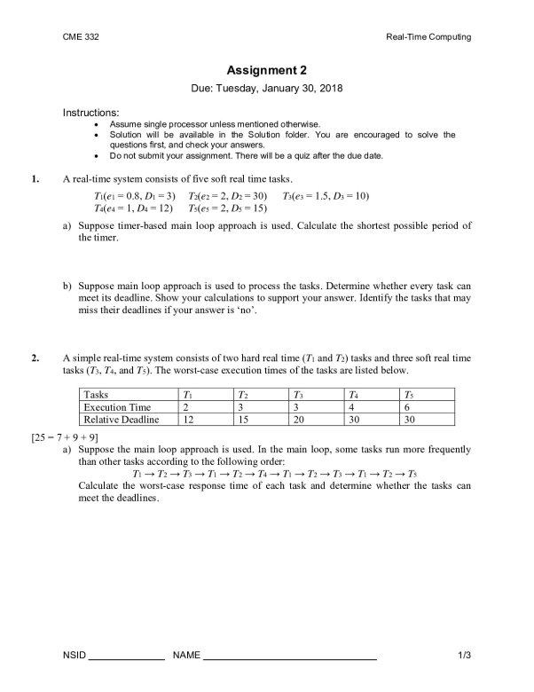 CME 332 Real-Time Computing Assignment 2  University of Saskatchewan CME 332 preview image