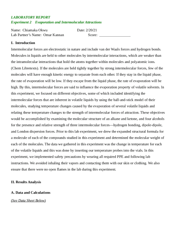 LABORATORY REPORT Experiment 2 Evaporation and Intermolecular Attractions