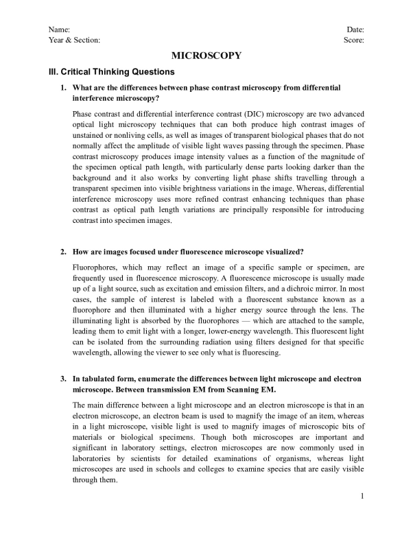 MICROSCOPY III. Critical Thinking Questions University of Santo Tomas ...