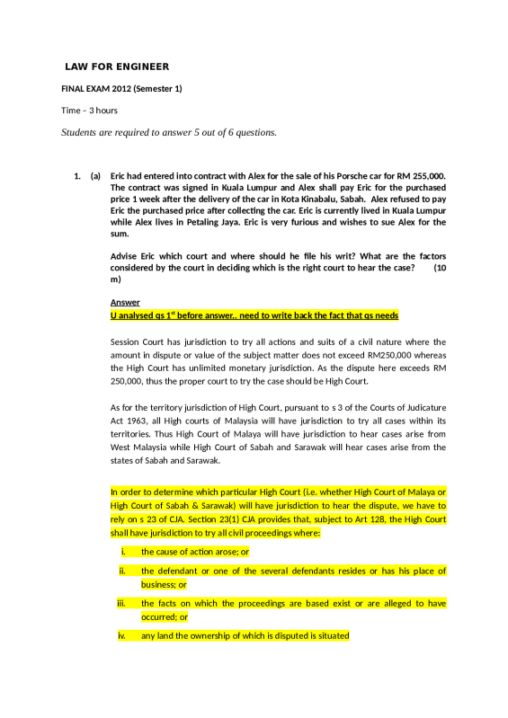 Law For Engineer -Final Exam- Marking Scheme preview image