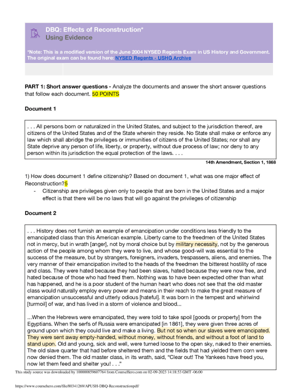 APUSH-DBQ Reconstruction. Chelsea Career And Technical Education High School US HISTORY 101 100 preview image