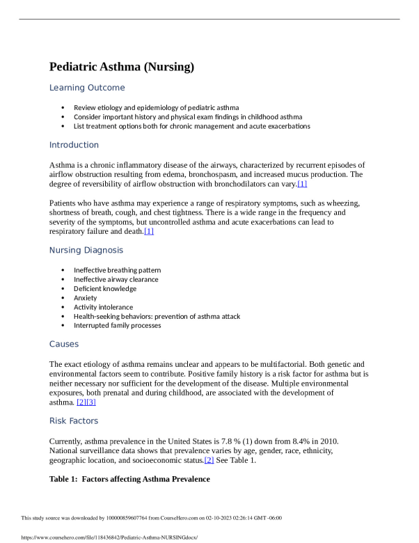 Pediatric Asthma NURSING.  Ateneo de Manila University BSN N11 preview image