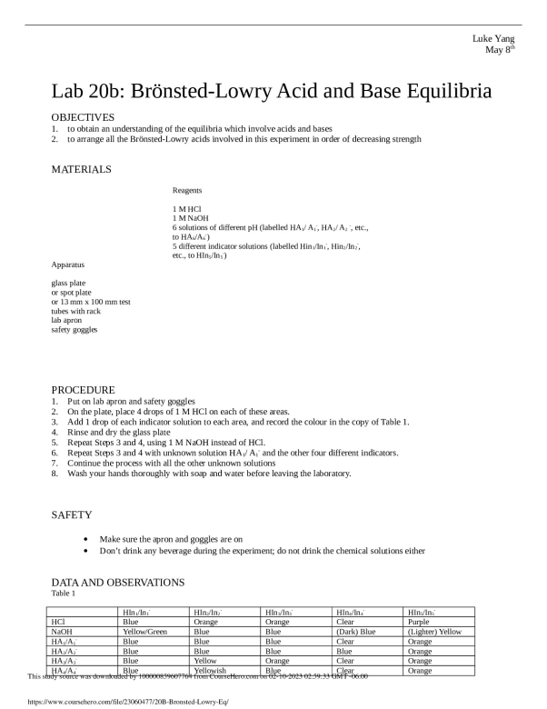 Lab 20b: Brönsted-Lowry Acid and Base Equilibria  Matthew McNair Secondary CHEM 123 preview image