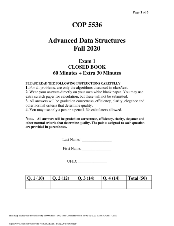 Exam1_Fall2020_Solution  University of Florida COP 5536 preview image