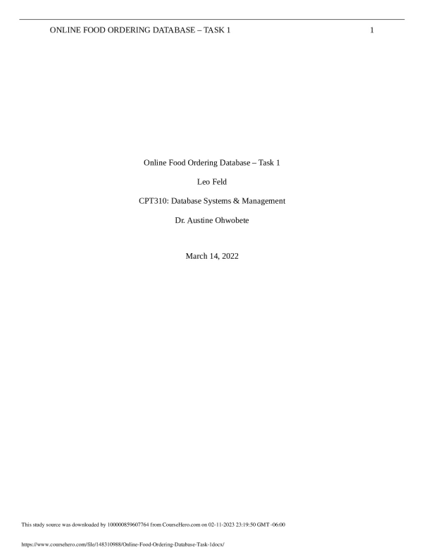 Online Food Ordering Database Task 1. Ashford University CPT 310