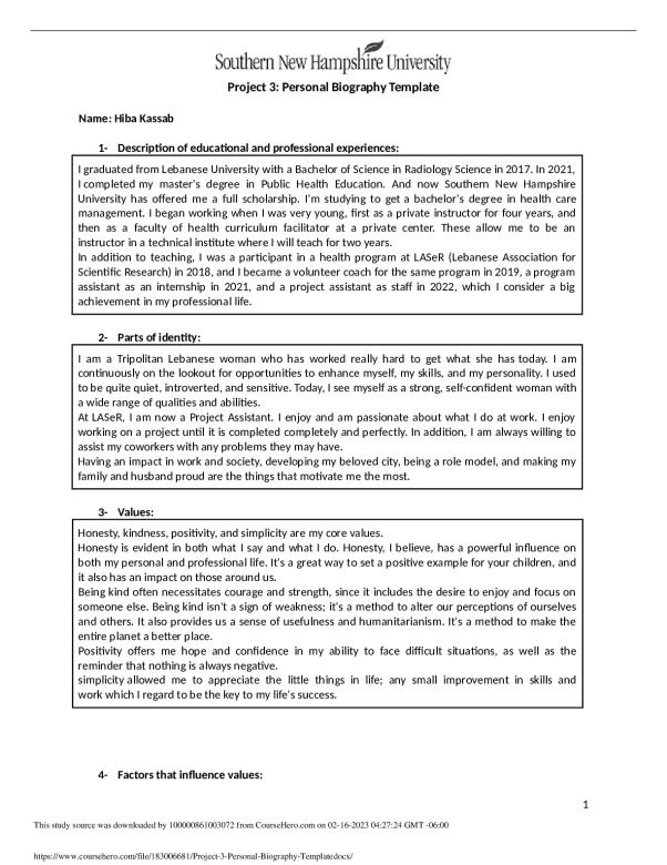 Project 3 - Personal Biography Template  Southern New Hampshire University PHL 10011 preview image