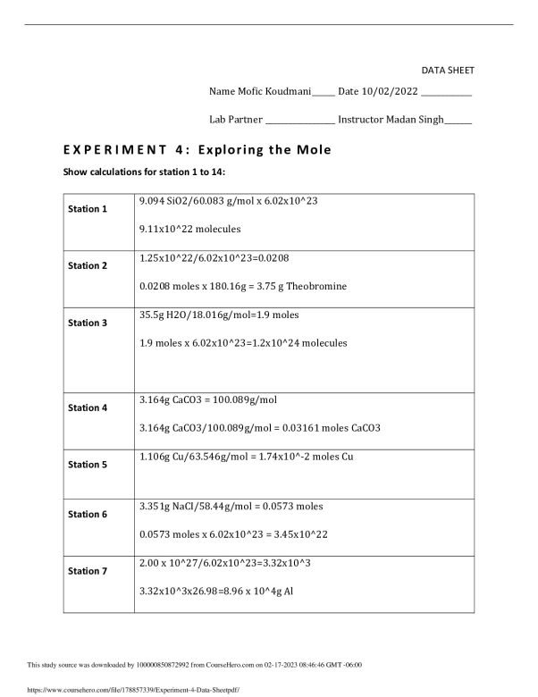 Experiment 4 Data Sheet Broward College CHM 1045L