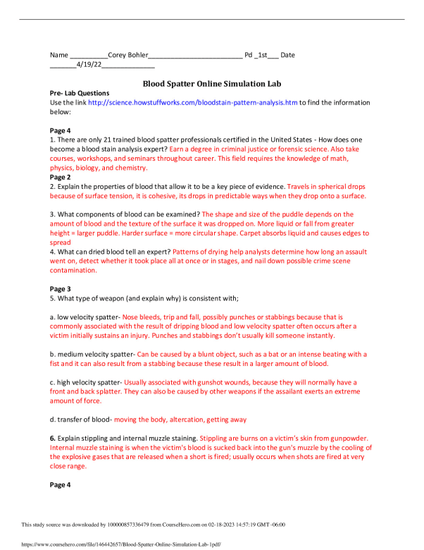 CHEM 104  Blood Spatter Online Simulation Lab Pre- Lab Questions preview image