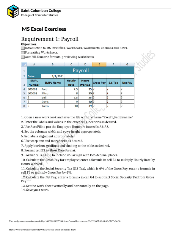 MS_Excel_Exercises .  J. H. Cerilles State College of Zamboanga del Sur SAFES 101 preview image