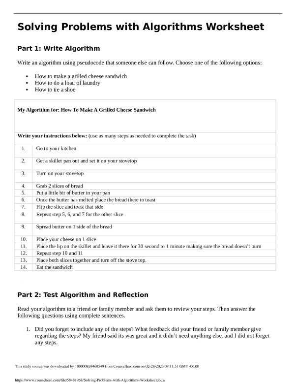 Solving Problems with Algorithms Worksheet. Florida Virtual School JAP 938