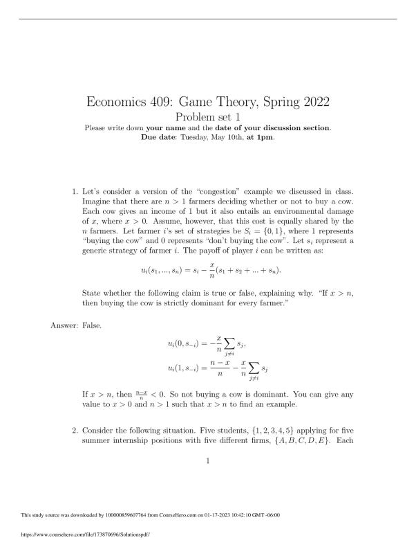 Solutions.  University of Michigan ECON 409 preview image