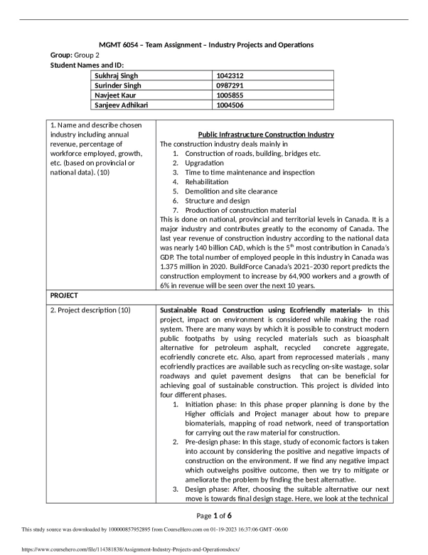 Assignment - Industry Projects and Operations Fanshawe College RISK ...