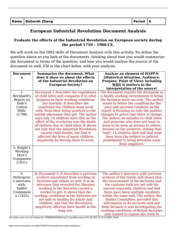European Industrial Revolution Document Analysis Northview High School ...