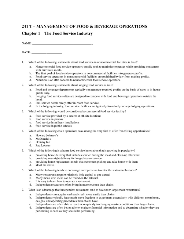 241 Food & Bev Mgt 4th edition Multiple Choice document preview