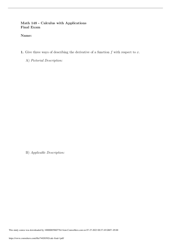 Math 148 - Calculus with Applications Final Exam preview image