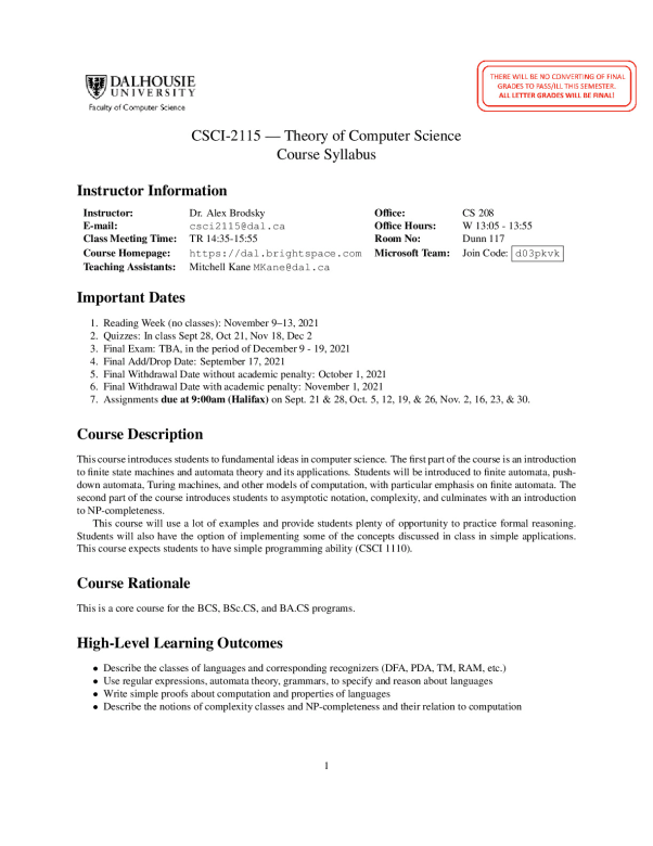 CSCI-2115 — Theory of Computer ScienceCourse Syllabus