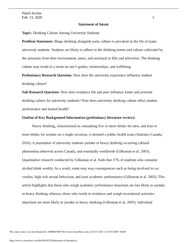 Statement of Intent  University of Guelph SOAN 3070 preview image
