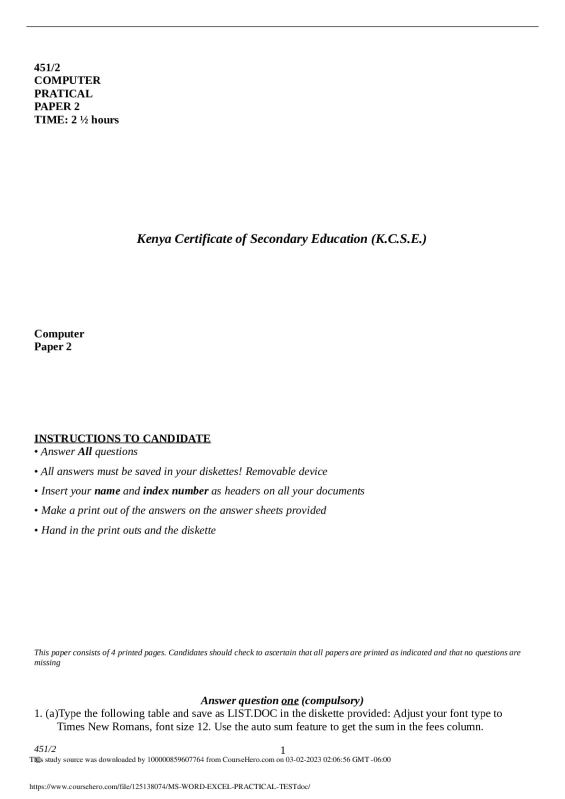 MS WORD & EXCEL PRACTICAL TEST.  Riverside City College BUSINESS 42652 preview image