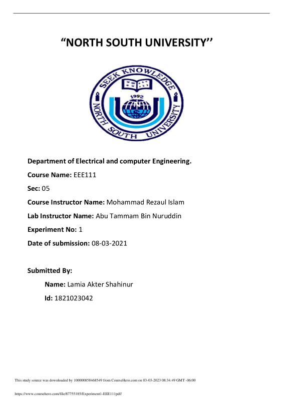 Experiment1_EEE111. North South University EEE 111 preview image