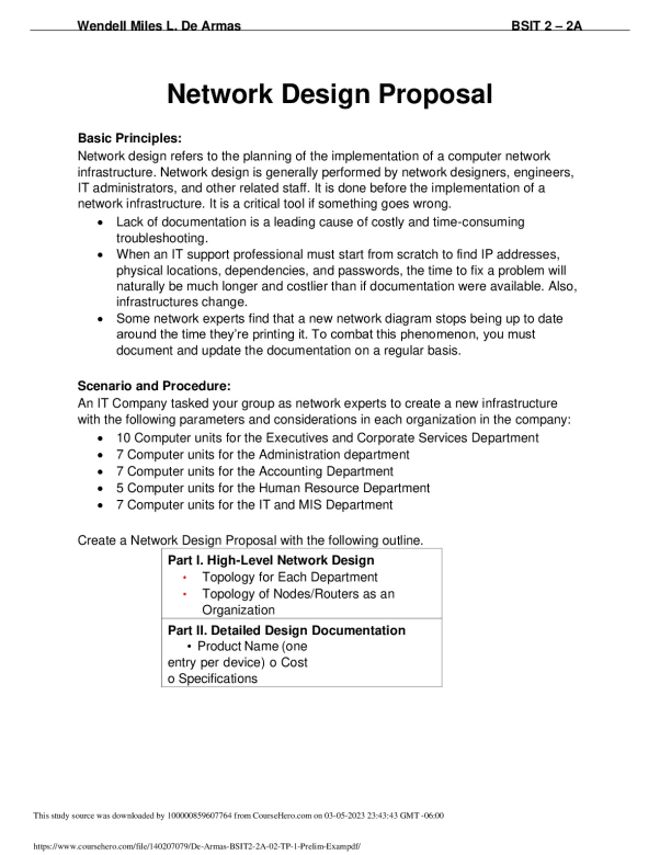 Wendell Miles L. De Armas BSIT 2 – 2A Network Design Proposal preview image
