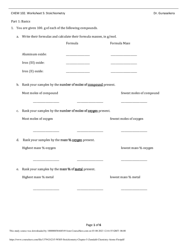 5 WS#05 Stoichiometry (Chapter 5 Zumdahl Chemistry-Atoms First).  University of Illinois, Urbana Champaign CHEM 102 document preview