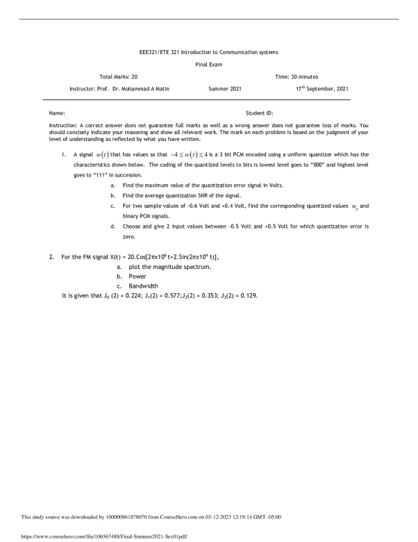 North South University  EEE 321  EEE321/ETE 321 Introduction to Communication systems  Final Exam preview image