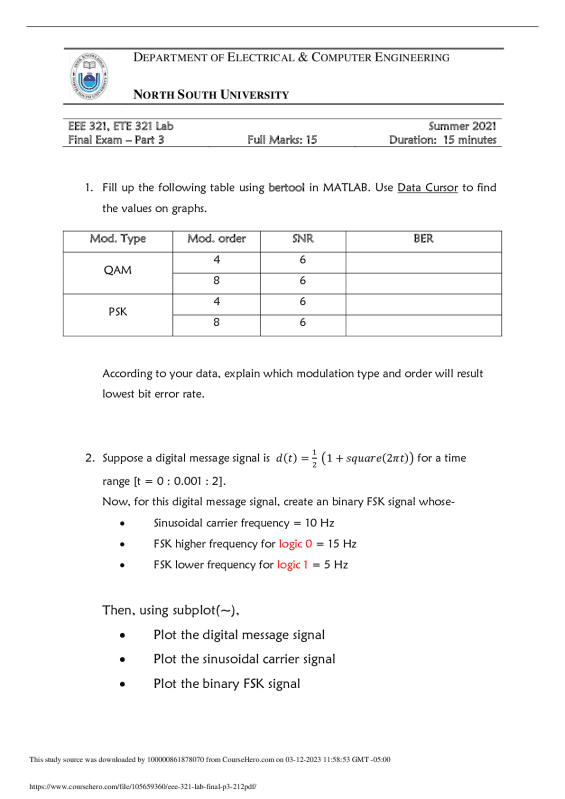 North South University  EEE 321  ETE 321 Lab Summer 2021 Final Exam – Part 3 preview image
