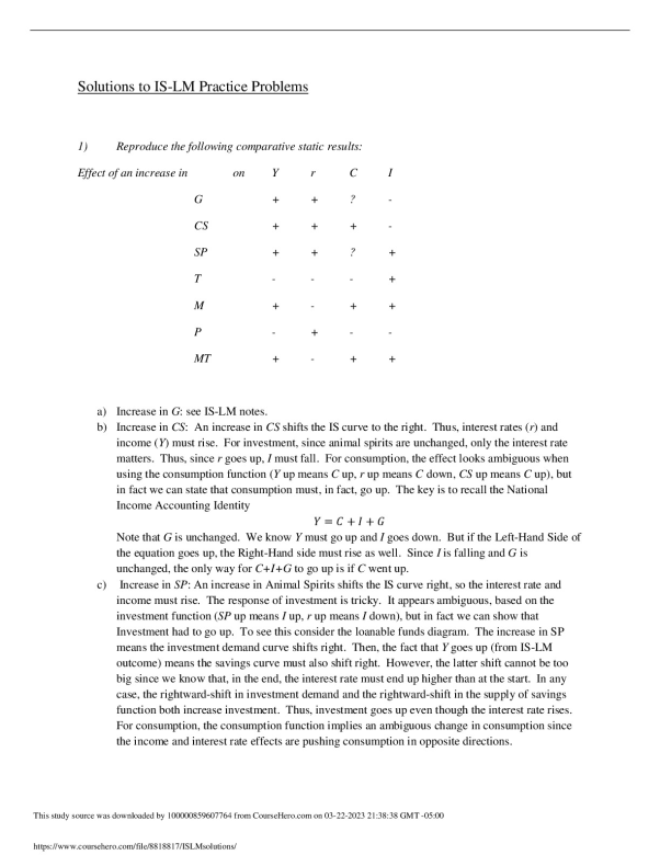 Solutions to IS-LM Practice Problems   University of Texas ECO 34730 preview image