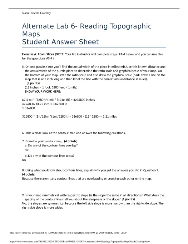 Alternate Lab 6- Reading Topographic Maps Student Answer Sheet