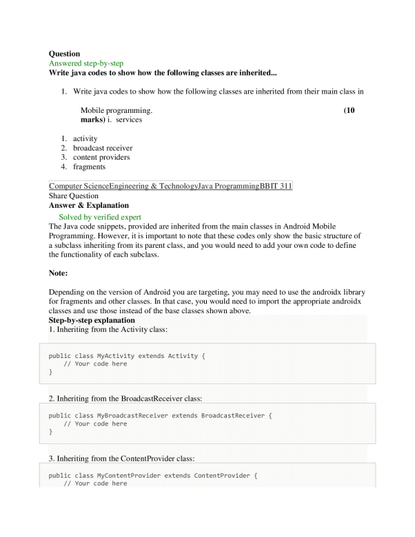 KCA University  BBIT  BBIT 311  Write java codes to show how the following classes are inherited... preview image