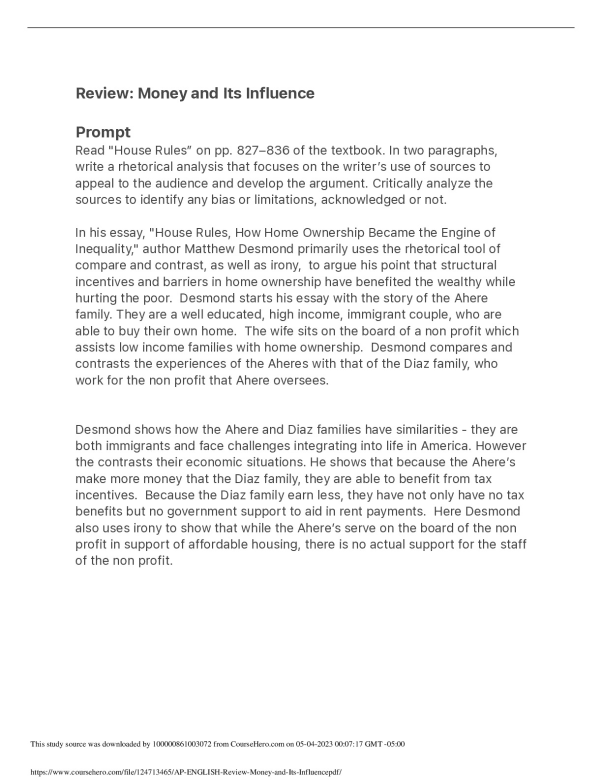 AP ENGLISH Review: Money and Its Influence. Pleasant Valley High School ENGLISH 1113 - 5 preview image
