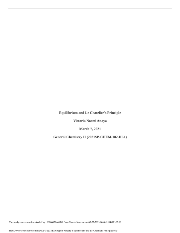 Lab Report Module 6 - Equilibrium and Le Chatelier's Principle. document preview