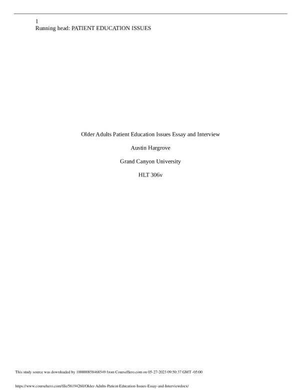 Older Adults Patient Education Issues Essay and Interview. preview image