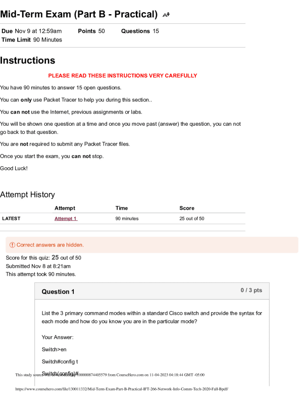Mid-Term Exam (Part B - Practical)_ IFT 266_ Network Info Comm Tech (2020 Fall - B).pdf   Arizona State University IFT 266 document preview