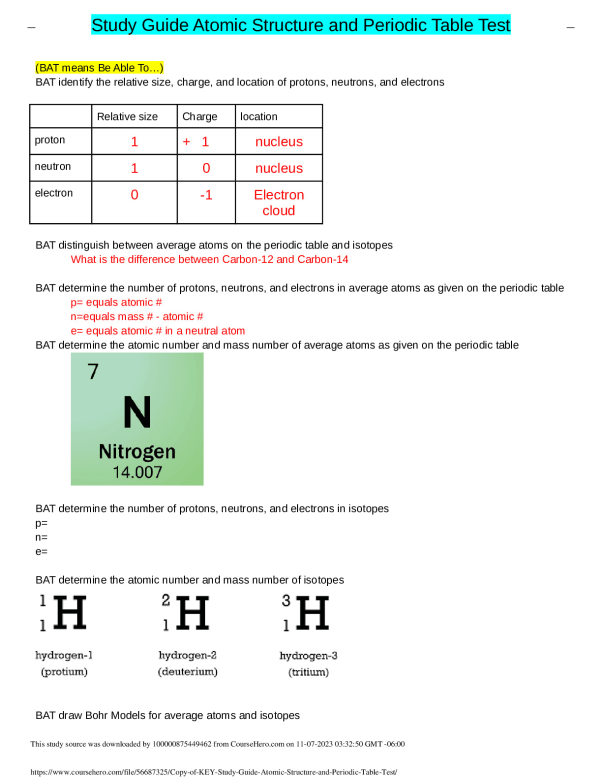Study Guide Atomic Structure and Periodic Table Test