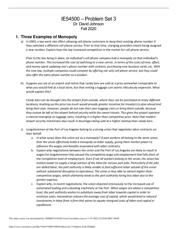 IE54500 – Problem Set 3 Dr. David Johnson Fall 2020 preview image