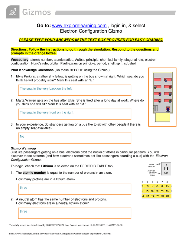 Electron Configuration Gizmo Student Exploration Guide University of ...