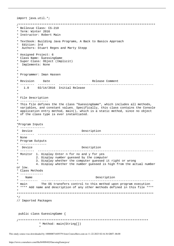 GuessingGame.java   Bellevue College CS 210 preview image