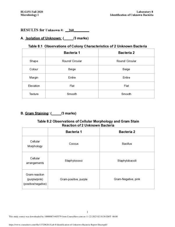 Lab 8 - Identification of Unknown Bacteria Report Sheets.pdf Toronto ...