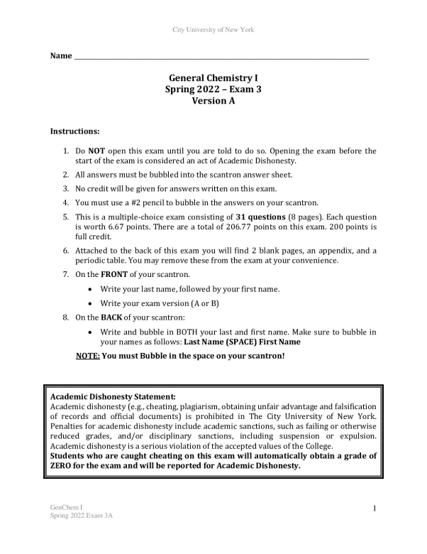 General Chemistry I Spring 2022 – Exam 3 Version A preview image