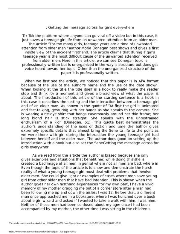 englis 1301 paper 4.south Texas College ENGL 1301 preview image
