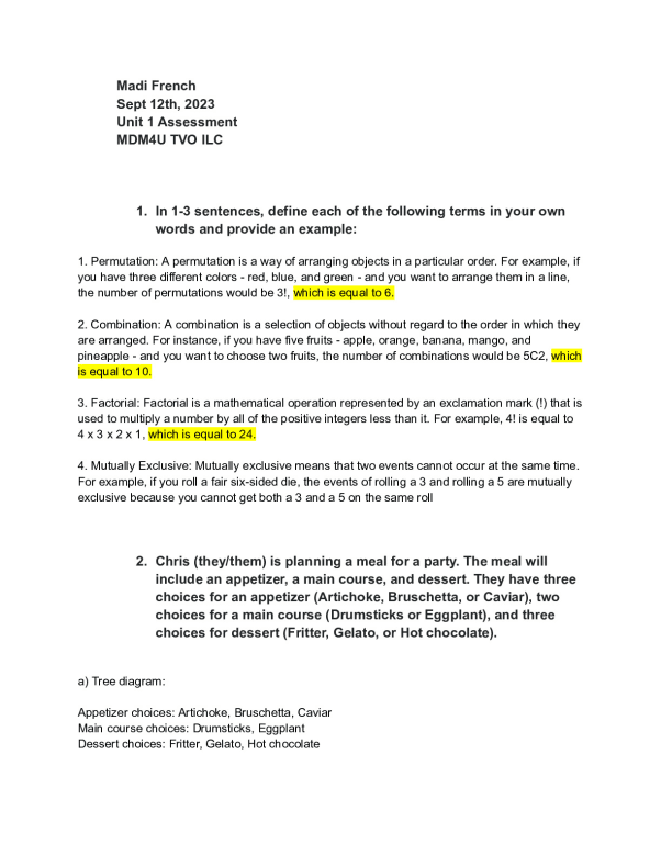 Unit 1 MDM4U Assesment (1). Indipendent Learning Centre MATH MDM4U